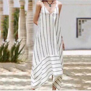 TERZO MILLENNIO BLUE WHITE STRIPED LINEN MIDI ITALY DRESS S